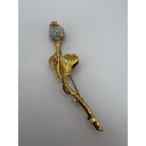 Vintage Rhinestone Rose Stem Brooch Gold Tone Long Floral Pin